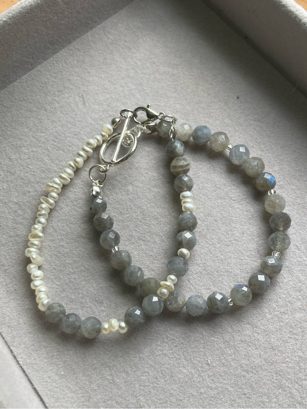 Natural gemstone Labradorite and Cream Pearl Bracelet Stack